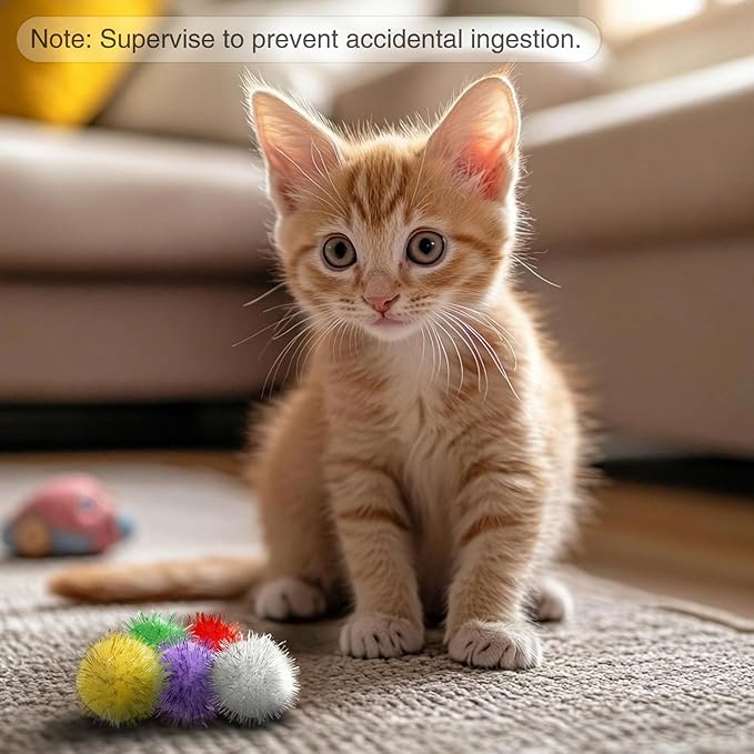 80 Pcs Sparkle Pom Pom Balls 1.5 Inch Cat Toy Chase Ball Interactive Glitter Tinsel Ball for Kitten Cat Favorite Gift White