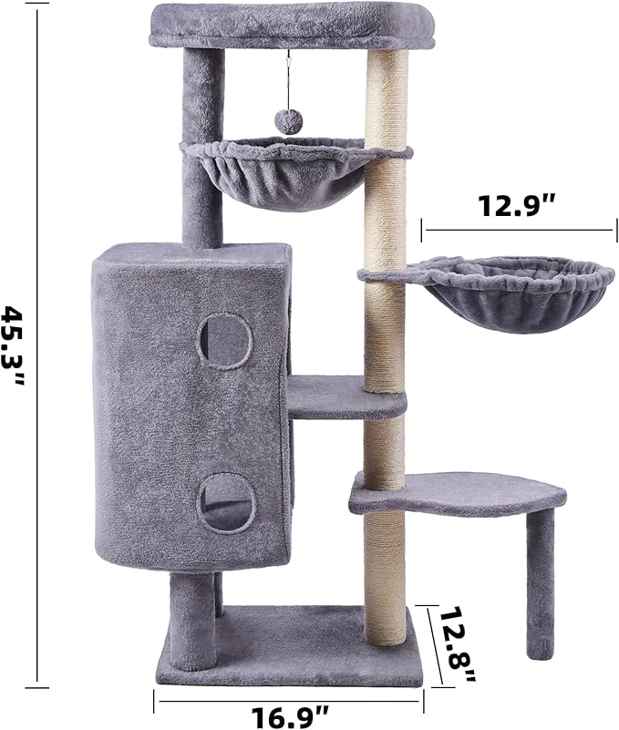 HUITREE 45in Cat Tree Tower with Big Condo for Indoor Cats,Cat Tower with Scratching Post,Scratching Board and Cat Toys,Multi-Level,Small Space,Transformer Cat Tree (Grey+)