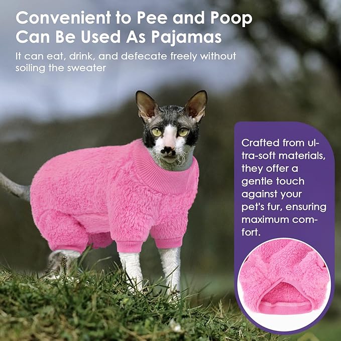 Sphynx Hairless Cat Sweater, Full Body Warm Fleece Sweaters with Sleeves for Cats, Soft Turtleneck Cat Clothes, Cozy Pullover Pajamas for Hairless Cats Devon, Donskoy & Small Dogs, Hot Pink M