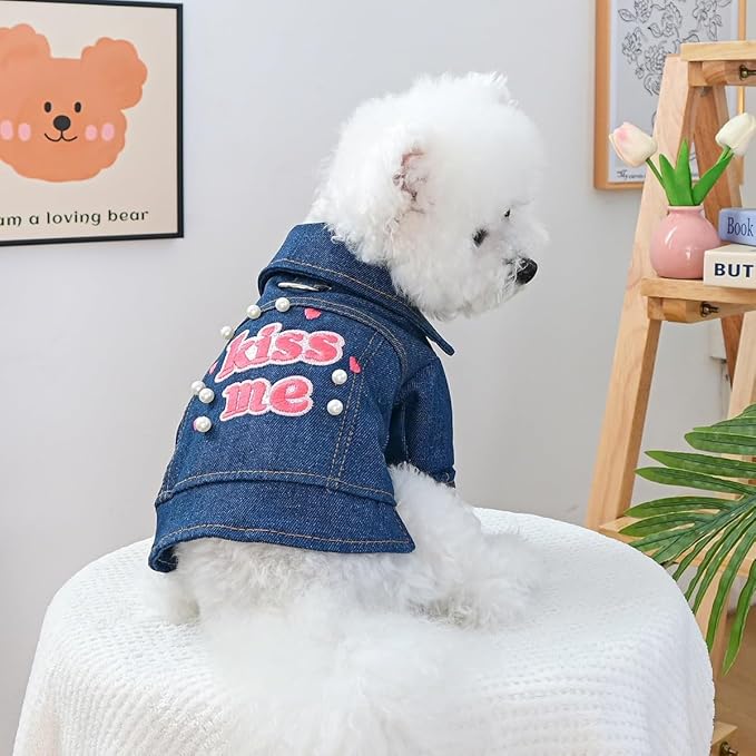 Cute “Kiss Me” Dog Denim Jacket, Fashion Pet Outfit with Pearl Details, Adorable Puppy Clothes for Small Dogs & Cats, Perfect Photo Outfit & Gift(L)