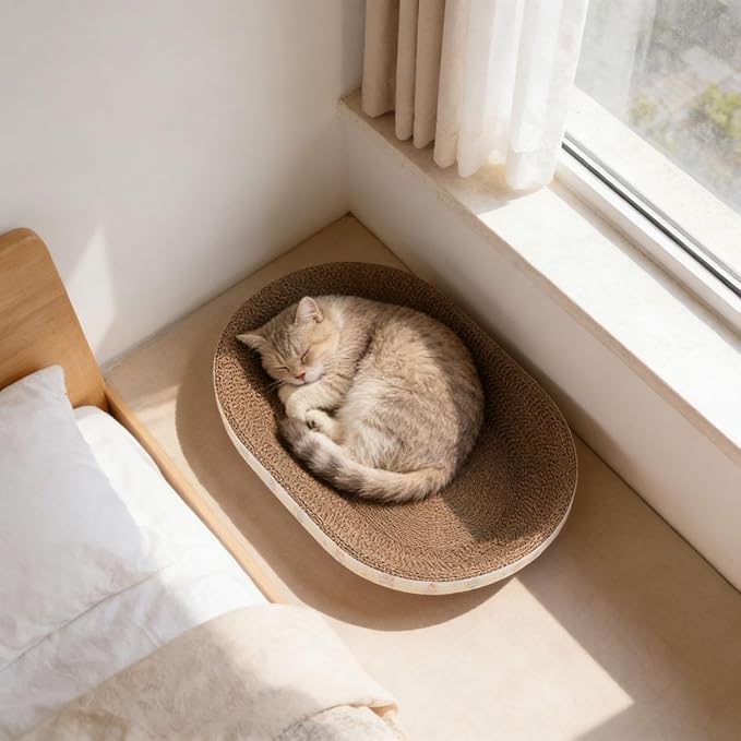 Oval Cat Cardboard Scratcher Bed, 2-in-1 Corrugated Cardboard Scratching Pad, Corrugated Lounge Couch Breathable Pet Scratch Pad for Small and Large Cats (Coffee)