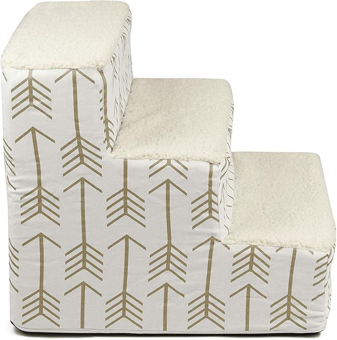 Majestic Pet 3 Step Portable Dog Stairs for Small Dogs to get on Bed Supports 250 lbs or Less – Dog Steps for High Bed with Machine Washable Cover –Pet Stairs for Cats Arrow White/Gold