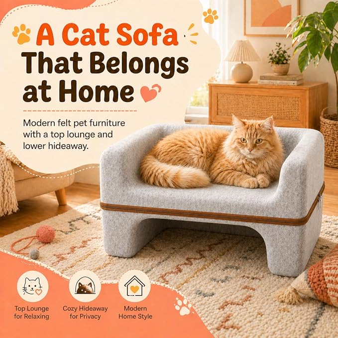 Cat Bed for Indoor Cats, 2-Tier Cat Cave Bed with Top Lounge & Lower Hideaway, Washable PET Felt Cat Sofa for Living Room, Bedroom, Apartment, Scratch-Friendly Cat Furniture, Light Gray
