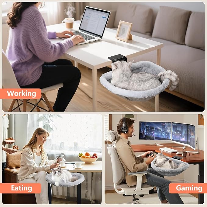 Stable Cat Desk Bed with Heavy-Duty Clamp | Sunken Hammock Design & Faux Rabbit Fur for Comfort, Removable & Washable Bed, Holds Up to 40lbs, Space Saving Cat Perch for Home Office