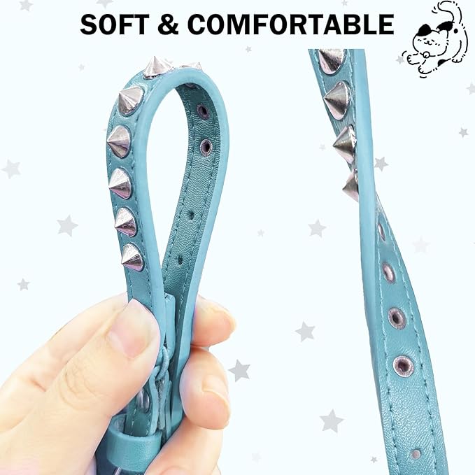 Leather Cat Collars for Boy Girl Cats with Bell and Safety Elastic Belt, Personalized Rivets Stud Adjustable Safe Buckle Collar with Skull Charm for Kitty Small Pets, Light Blue