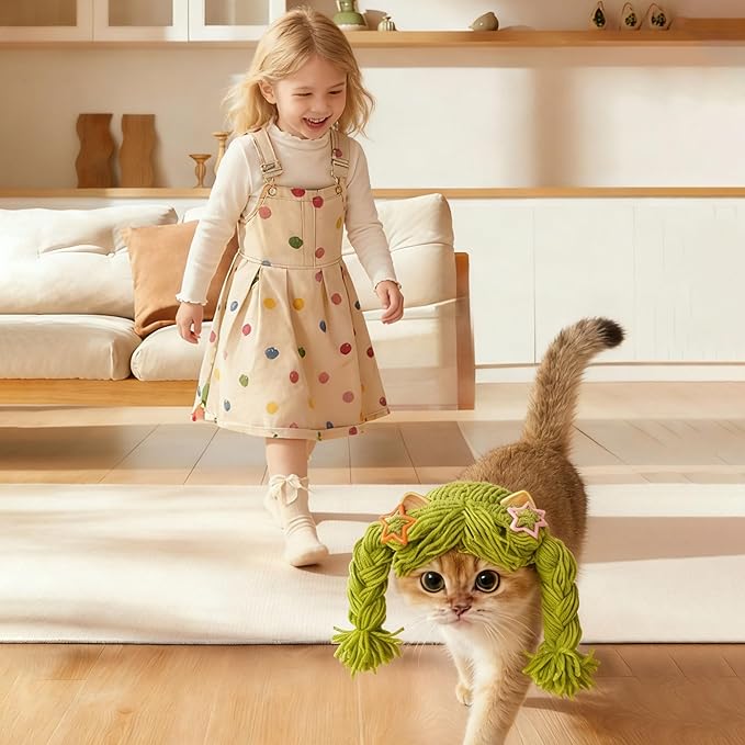 Cat Wig for Small Dogs & Pets, Cute Braided Yarn Costume, Funny Birthday Outfit Clothes, Soft Lightweight Accessory for Photos, Party Props and Daily Wear (Blue)