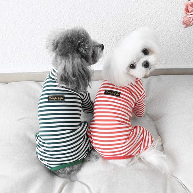 Hdwk&Hped Soft Cotton Dog Pajamas for All Seasons, Striped Pet Bottoming Jumpsuit for Small Dog Cat Puppy (#1, Striped Style - 2-Pack(red&Dark Green))