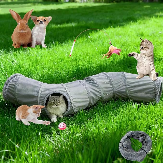 Cat Tunnel Tube Toy Collapsible 2 Way Grey Fleece, Pet Tunnels for Indoor Cats, Long Tubes for Puppy, Kitty, Kitten, Rabbit for Playtime & Exercise with Interactive Ball and Wand Toys Kit
