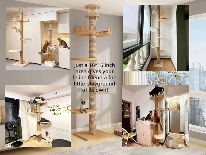 Cat Tree Floor to Ceiling,Solid Wood Height Adjustable Cat Tower,6-9.5ft Tall Cat Tree with Scratch Post for Large Cats,Aesthetic Multi-Level Cat Climbing Tree for Indoor Cat (L)