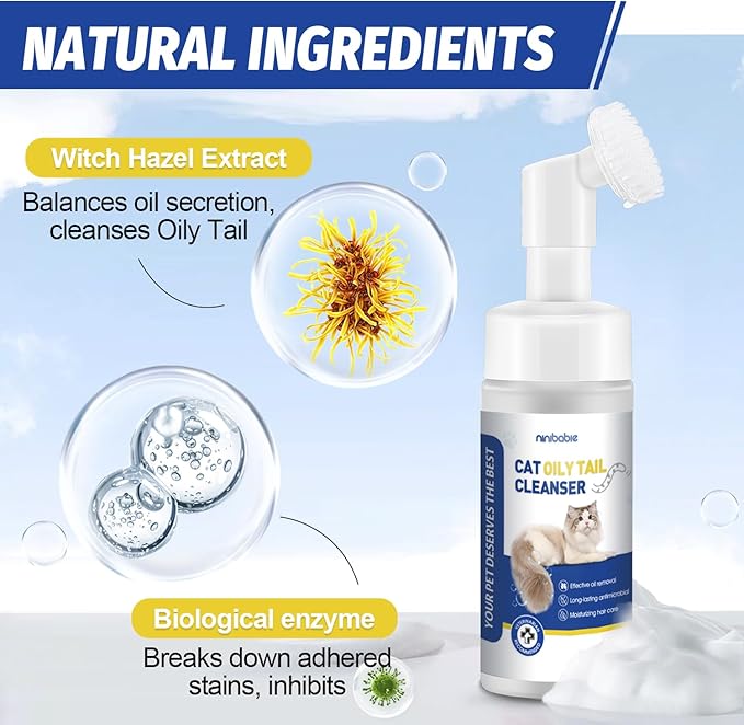 Cat Oily Tail Cleanser, 2-in-1 Wash and Brush,Removes Oil & Grease and Dandruff, PH Balanced,Degrease Cat Shampoo,Ideal for Cats with Oily Tails 5.07fl.oz