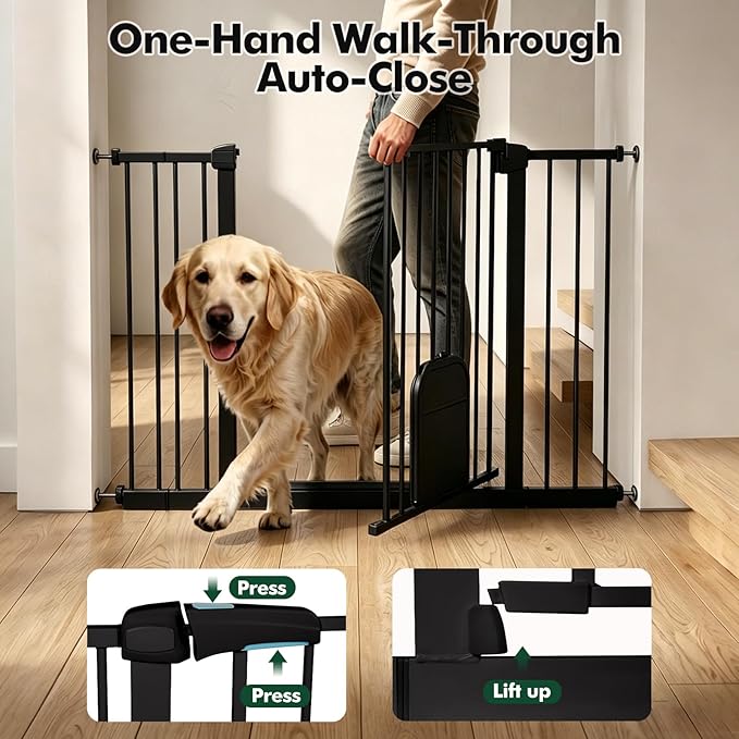 Metal Pet Gate with Cat Door, Adjustable Dog Gate for Doorways & Stairs, Pressure Mounted, Auto-Close, No Tools Needed, 31-46 Inches, Black