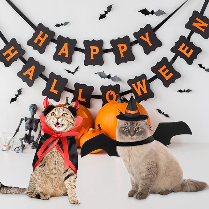 Potchen 5 Pcs Cat Halloween Vampire Costume Halloween Pet Costume Clothes Set Cat Vampire Cloak Devil Witch Hat Bat Wings Wizard Clothes for Puppy Cosplay Dress up Accessories
