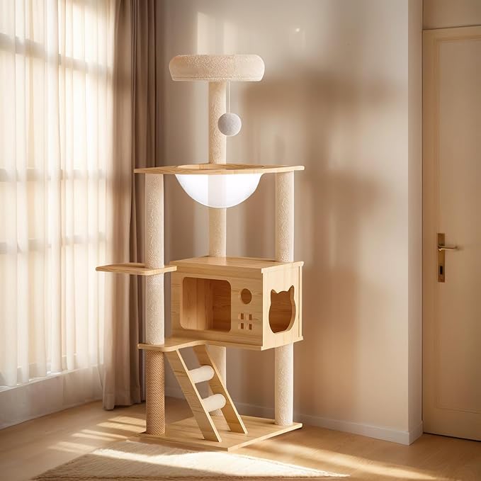 Modern Wooden Cat Tree for Indoor Cats, 48.8" Cat Tower with Scratching Posts, Acrylic Hammock, Multi Level Cat Condo for Large Cats (48.8")