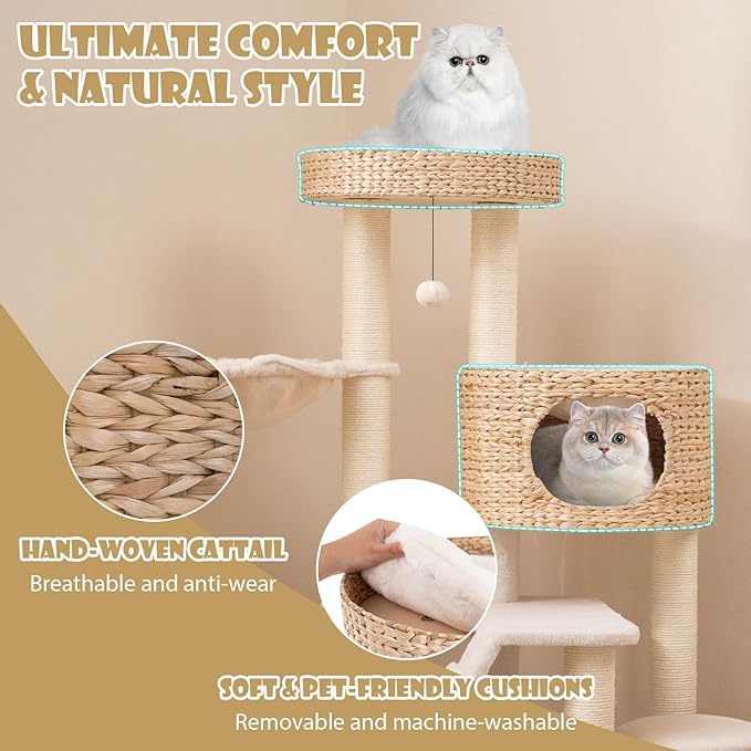 Tangkula Modern Cat Tree, 50 Inch Multi-Level Cat Tower with Cattail Fluff Condo & Top Perch, Hanging Basket, Platforms, Ladder, Dangling Ball, Sisal Scratching Posts for Indoor Cats
