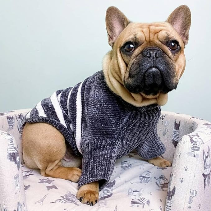 Blueberry Pet Cozy Soft Chenille Classy Striped Dog Sweater in Chic Grey, Back Length 12", Pack of 1 Clothes for Dogs