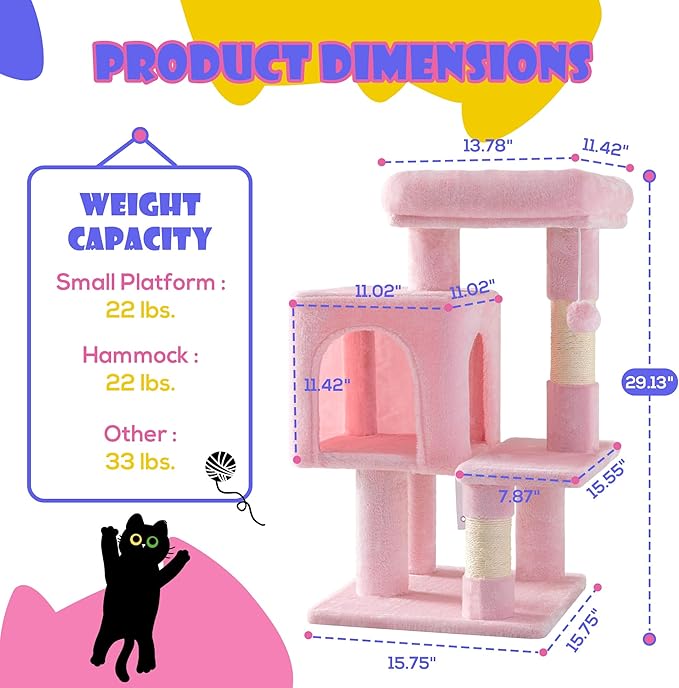 SHA CERLIN 29in Cat Tree for Indoor Cats, Multi-Level Cat Tower with Large Perch, Cozy Condo, Playful Toy Balls, Sisal Scratching Posts, Stable Pet Furniture Activity Center, Space-Saving, Pink