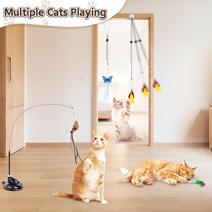 Interactive Bird Simulation Cat Toys，4 in 1 Cat Toys for Indoor Cats, 4 Replacement Birds，Hanging Door Kitten Wand with Suction Cup Removable Feathers Balls Mice Butterfly Streamers