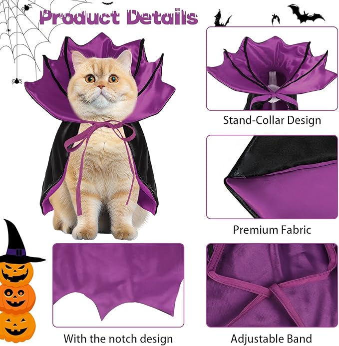 Dog Halloween Costume, Pet Cape for Small Puppy Dogs Cat Funny Red & Black Halloween Costumes with Neck Armor Adjustable Strap Idea for Vampire Party Cosplay (Purple Bat, L)