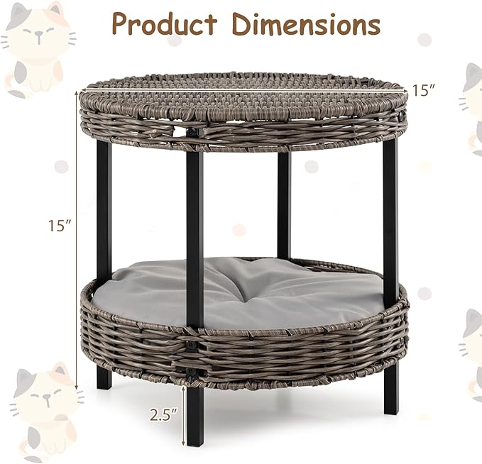 Tangkula 2-Tier Rattan Cat Nest, Wicker Kitten Condo with Removable Padded Cushion, Raised Cat Bed for Small Animals, Indoor & Outdoor Elevated Pet Shelter for Home, Deck, Balcony