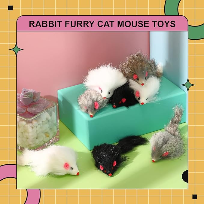 Hungdao 60 Pcs Furry Mice Interactive Catch Play Rabbit Fur Mouse Rattle Sound Rat Plush for PET Cats and Kittens, 3 Colors(White, Black, Gray)