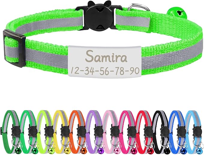 CAMAL Reflective Cat Collar Personalized with Pet ID Tag, Safety Breakaway Cat Collar with Name Tag, Grass Green Kitten Collar with Bell for Boy Girl Cats Puppies