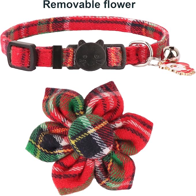 ADOGGYGO Christmas Cat Collar with Floral, 2 Pack Xmas Kitten Flower Collar, Red Green Plaid Christmas Collars for Cat Kitten