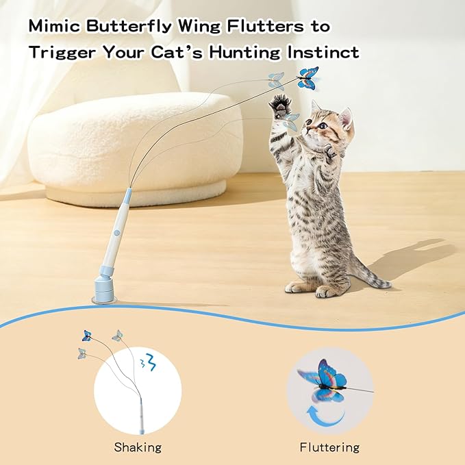 Interactive Cat Toys for Indoor Cats - Electric Cat Wand Toy with Butterfly, Self-Play & Handheld Dual Mode, USB Rechargeable with Strong Suction Base, Smart Motion Activated Enrichment Cat Toy, Blue
