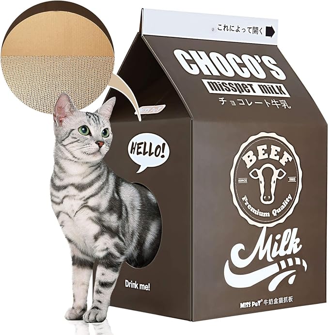 Cardboard Cat House with Scratch Pad, Corrugated Kitten Hideaway Cave, Heavy Duty Sturdy Cute Cardboard Scratcher, Easy to Assemble Gift, Black