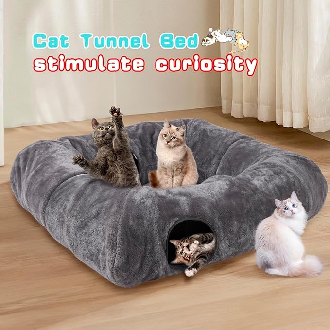 CLKHOWL Cat Tunnel Bed for Indoor Cats, Washable & Detachable Cat Bed, Cute Peekaboo Cat Cave for Small Medium Large Cat (Dark Gray)