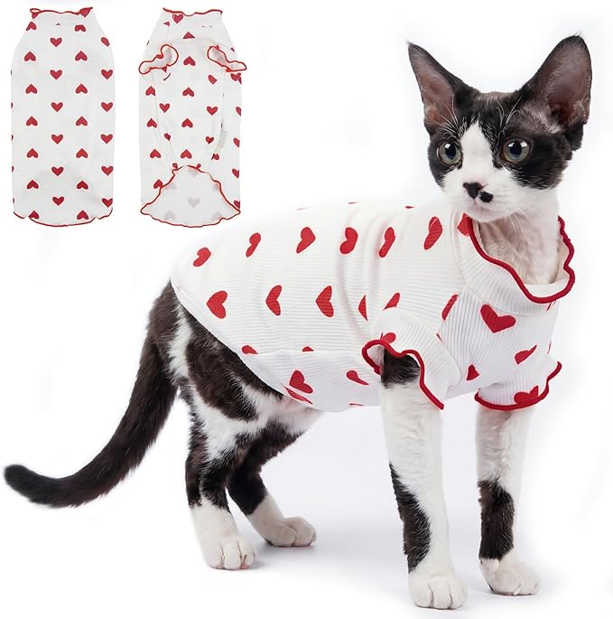 DENTRUN Heart Pattern Sphynx Hairless Cats Shirt, Kitten T-Shirts with Perlin Sleeves, Breathable Cat Wear Cute Sweater Adorable Hairless Cat's Clothes Vest Pajamas Jumpsuit