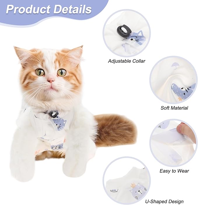 Soft and Breathable Cat Recovery Suit for Post-Surgery Care - Prevents Wound Licking - Size S, White