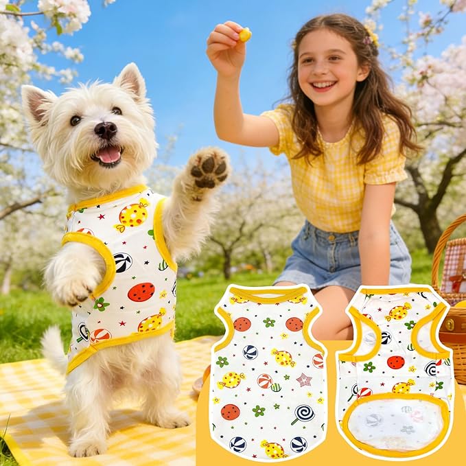 PETCARE Cartoon Dog Shirts for Small Dogs Cute Dog Clothes Yellow Lollipop Tshirt Soft Cotton Puppy Pajamas Breathable Sleeveless Pet Tank Top Spring Summer Dogs Clothes for Chihuahua Yorkie Shih Tzu