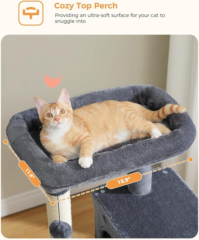 MUTTROS Cat Tree for Indoor Cats, 45.7" Multi-Level Cat Tower with Large Metal Frame Hammock, Cat Condo with 4 Scratching Posts and Top Perch for Small Medium Cat, Dark Grey