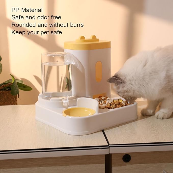 2 in 1 Automatic Cat Feeder and Water Dispenser, Large Capacity Self Feeding Dog Food Dispenser Gravity Food Bowl with 1l Water Tank for Multiple Pets (Yellow)