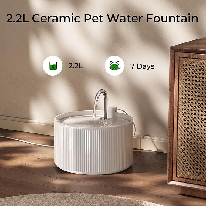 Voluas Ceramic Cat Water Fountain: 2.2L/74oz Cat Fountains for Drinking, Automatic Pet Water Dispenser with Ultra-Quiet Pump and Replacement Filter, Kitty Watering Supplies Indoor Easy Clean 1 Filter