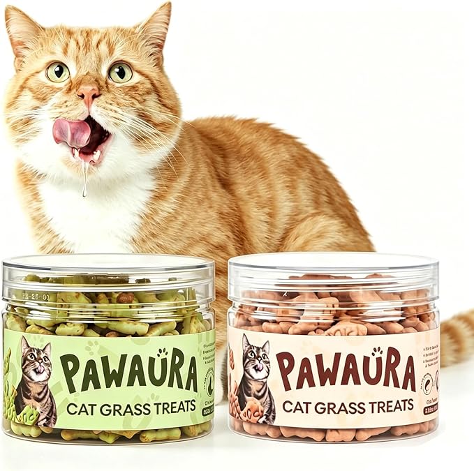 Cat Grass Treats, 3.53oz Natural Chicken & Catnip Biscuits + 3.53oz Natural Salmon & Catnip Biscuits, Cat Grass Treats for Hairball Control, Low-Calorie Healthy Snacks for Indoor Cats