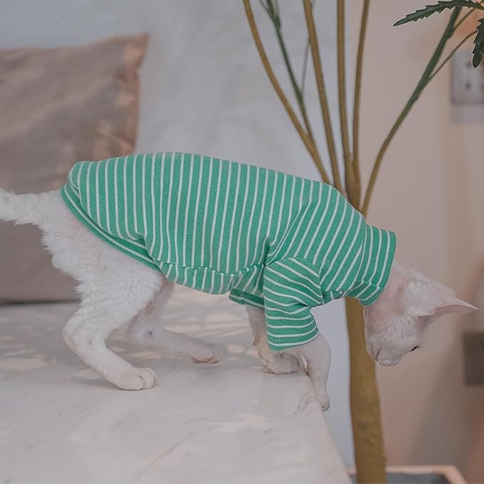 Sphynx Cats Warm Fleece Shirt Cat Turtleneck Undershirt Thermal Hairless Cat Clothes for Sphynx, Devon, Cornish Cat Clothes and Small Kitten and Dogs (Green Bold Stripe, Large)