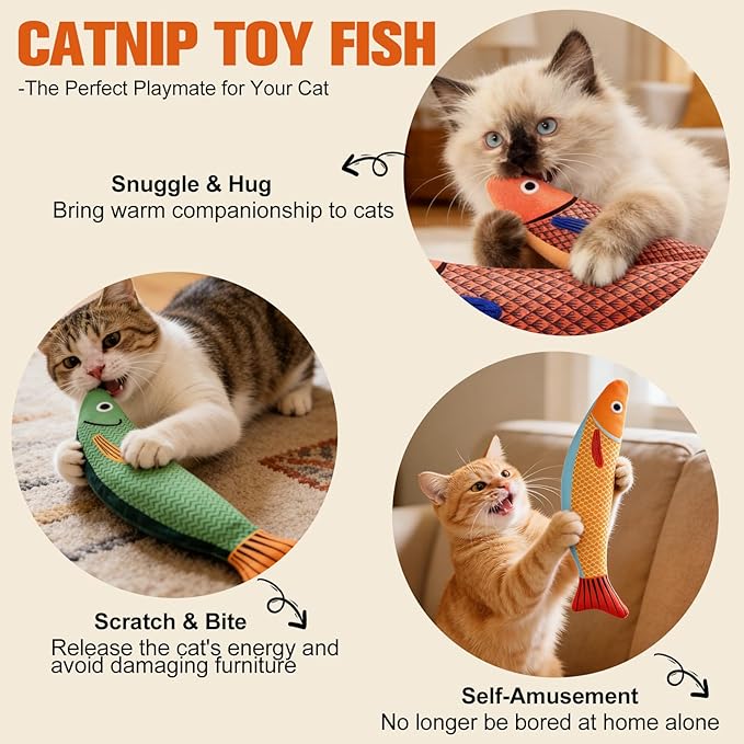 Catnip Toys for Cats Indoor, Cat Kicker Toy 3 Pack Plush Fish with Crinkle Sound, Interactive Kitten Toys for Boredom Relief, Soft Durable Cat Chew Toys for Indoor Cats and Kittens
