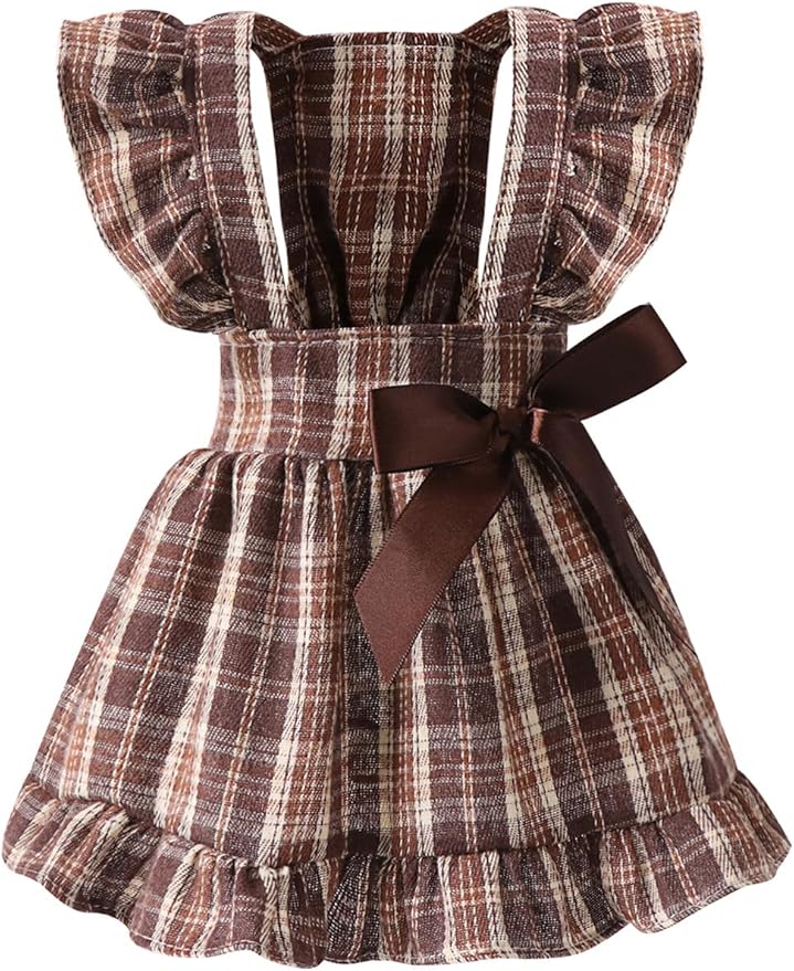 Angrypet Small Dogs Cats Dresses for Pet Spring Ruffle Sleeve Bow Plaid Dress Cute Puppy Outfits Brown Small