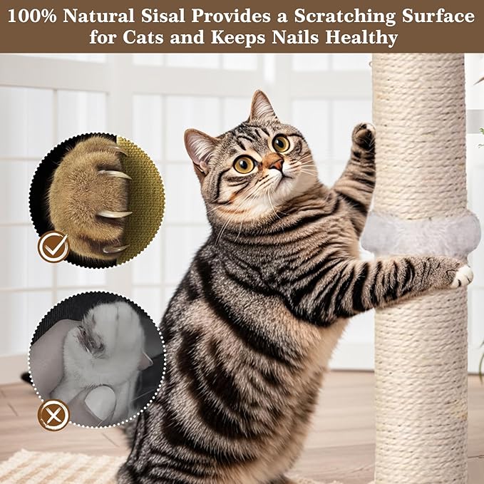 PAROTO Tall Cat Scratching Post, 33 Inch Sisal Cat Tree Tower Scratcher for Large Adult Indoor Cats, 2 Mounting Methods, Hanging Toys and Double Ball Track Activity Center