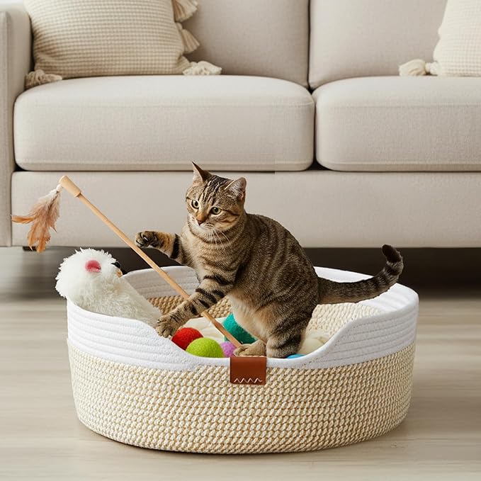 Cat Basket with Cushion, 20 Inch Cotton Rope Pet Sleeping Bed, Versatile Cozy Kitten Nesting Basket Dog Toy Organizer for Medium Large Pet, All Season Universal