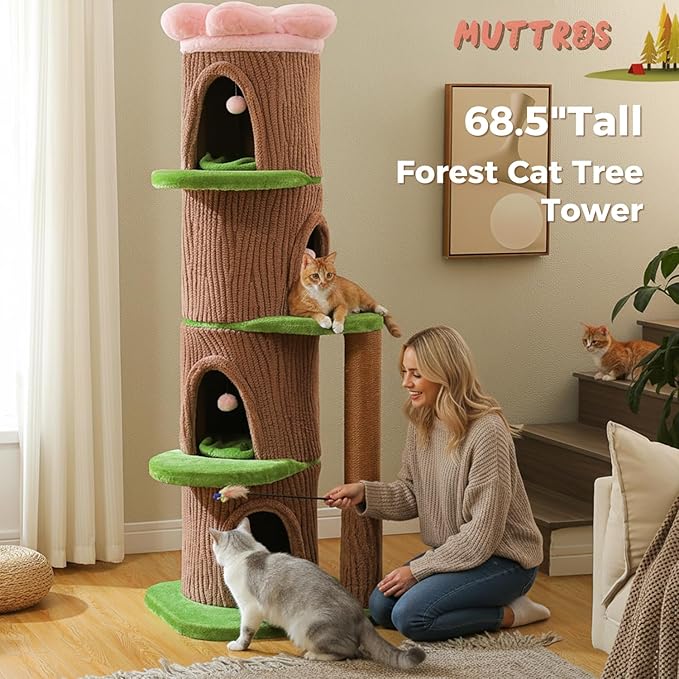 MUTTROS Forest Cat Tree Tower with 4 Condos, 68.5" Tall Cat Tower with Flower Top Bed & Thick Scratching Post (φ3.8in) – Large Heavy Duty Tree that Looks Like a Tree for Indoor & Multi-Cat Households