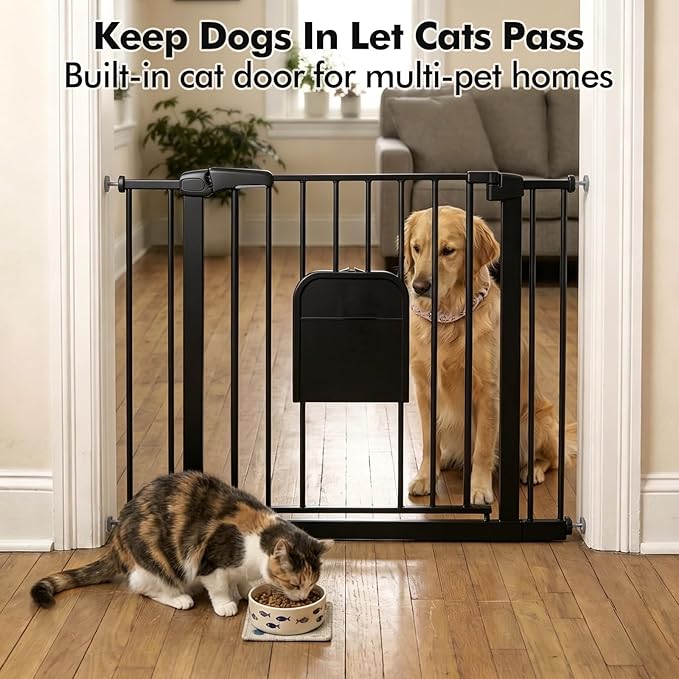 Metal Pet Gate with Cat Door, Adjustable Dog Gate for Doorways & Stairs, Pressure Mounted, Auto-Close, No Tools Needed, 31-46 Inches, Black