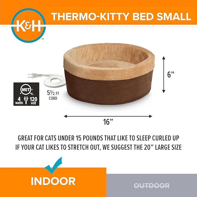 K&H Pet Products Thermo-Kitty Bed Heated Cat Beds for Indoor Cats & Dogs, Calming Warming Pillow Pet Bed, Machine Washable, Removable Heater, Safety Listed - Small 16" Round Mocha/Tan