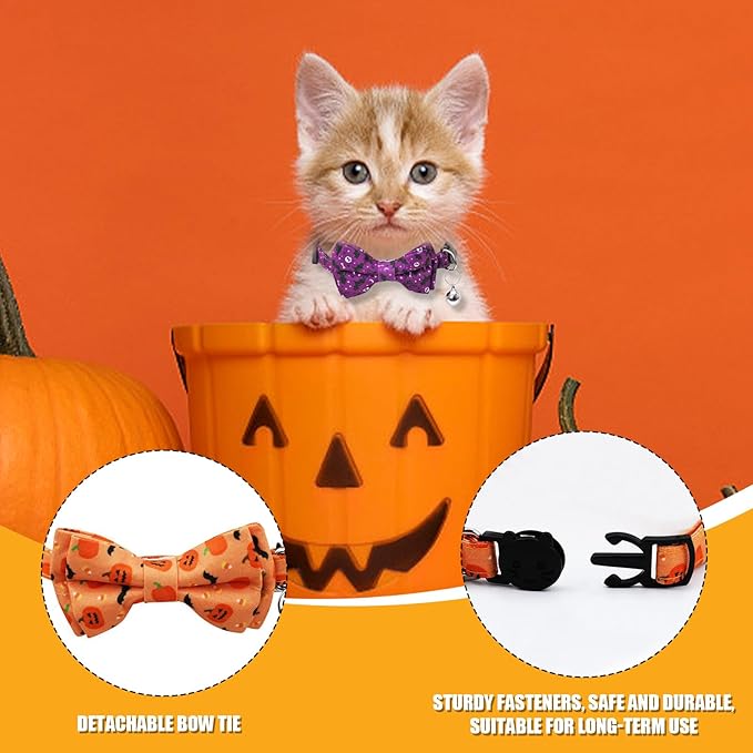 Halloween Cat Collar, Adjustable Kitten Halloween Collars with Bow Tie and Bell, Breakaway Kittens Collar for Girl Boy Cats Kittens (Purple)