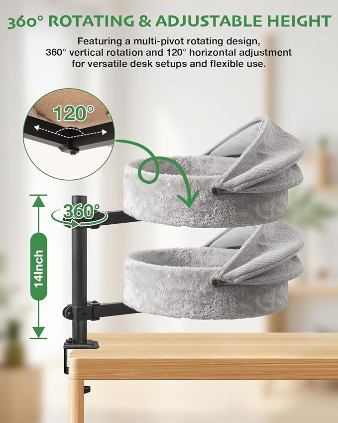 Cat Desk Bed for Large Cats Up to 44lbs, Heavy Duty 360° Rotating Cat Hammock for Desk with Foldable Canopy & Toy Ball, Adjustable Raised Desktop Cat Nest for Office, Reversible Summer & Winter Mat