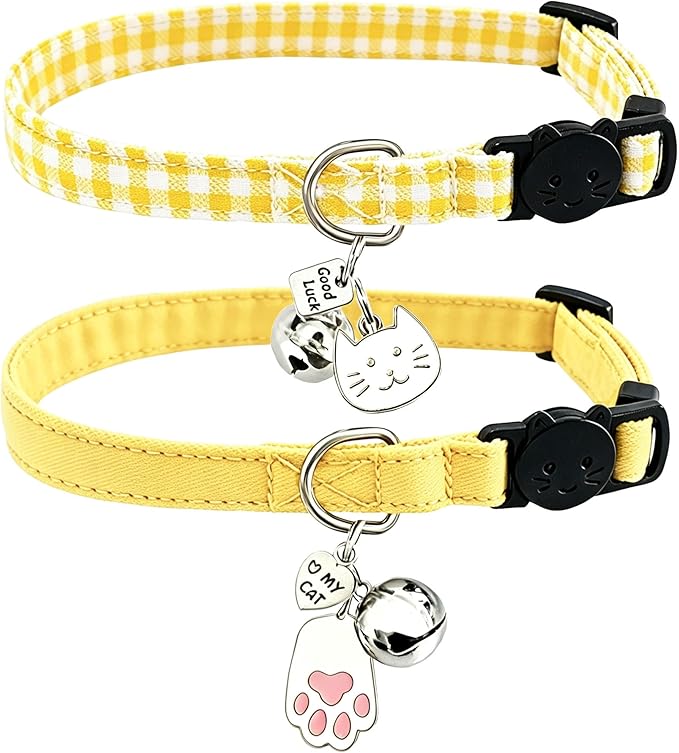 2 Pack Cotton Breakaway Cat Collars with Bell and Charms Yellow Solid Plaid Safety Collars for Girl Boy Cats, Cat Head and Paw Pendant Cute Kitten Collars