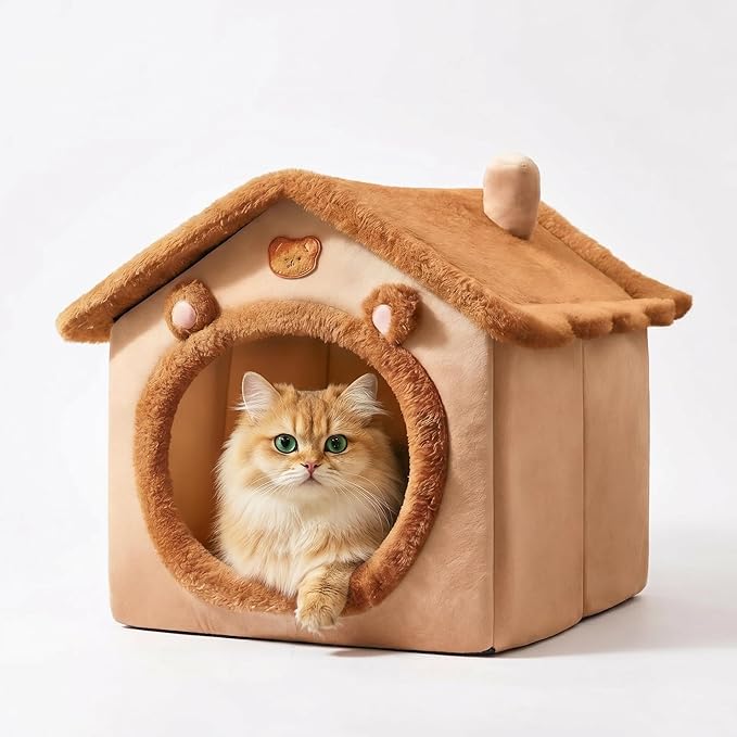 Cat Bed Cave, Cute Bear Shape Cat Beds for Indoor Cats, Pet House Cats Tent with Removable Cushion Pillow for Kittens Puppy Small Dogs (Brown-L, 20.4 * 16.9 * 19.6in)