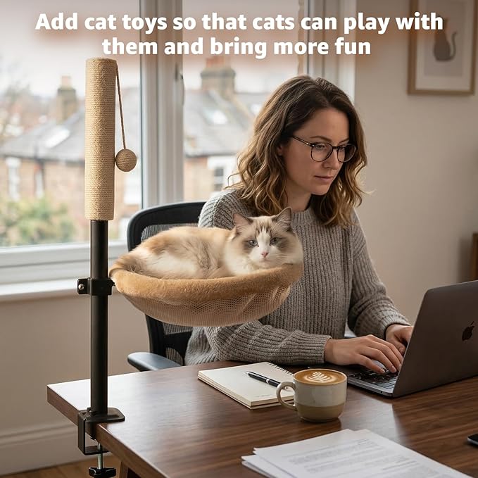 Cat Desk Bed with Scratching Post - Adjustable Height & 360° Rotation, Reversible Machine Washable Cover, Space-Saving Clamp-On Design for Office Desks, Sturdy Support for Indoor Cats (Camel)