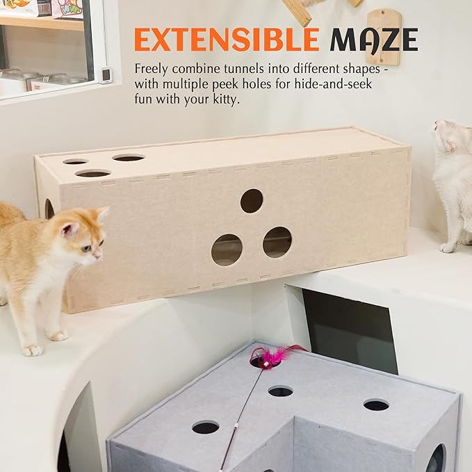 PETKARAY Cat Tunnel, Original Cat Hideaway Cave for Indoor Cats, Large Kitten Play Tubes and Tunnels, Soft Felt Cat Toy with Interactive Peek Hole, Beige Straight